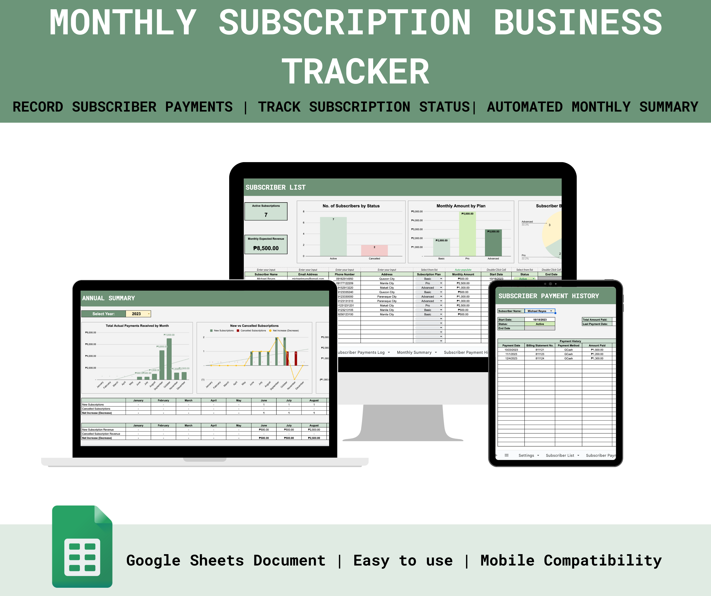 Monthly Subscription Business Payments Tracker – Spreadsheets PH