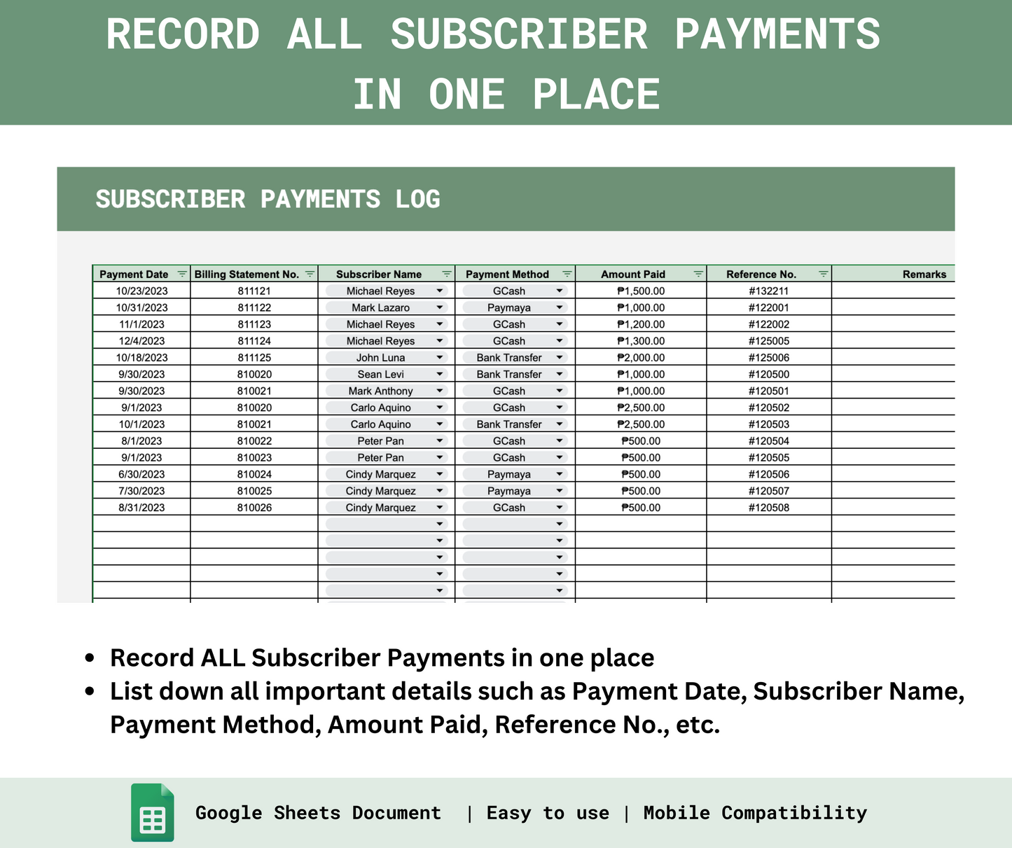 Monthly Subscription Business Payments Tracker