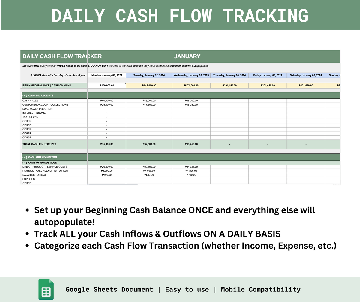 Tracking Cash Flow Daily Cash Flow Tracker Template — Excel & Google Sheets | Spreadsheets PH