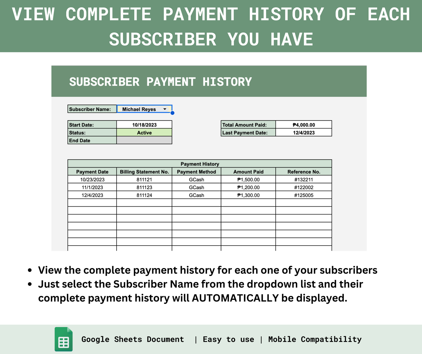 Monthly Subscription Business Payments Tracker