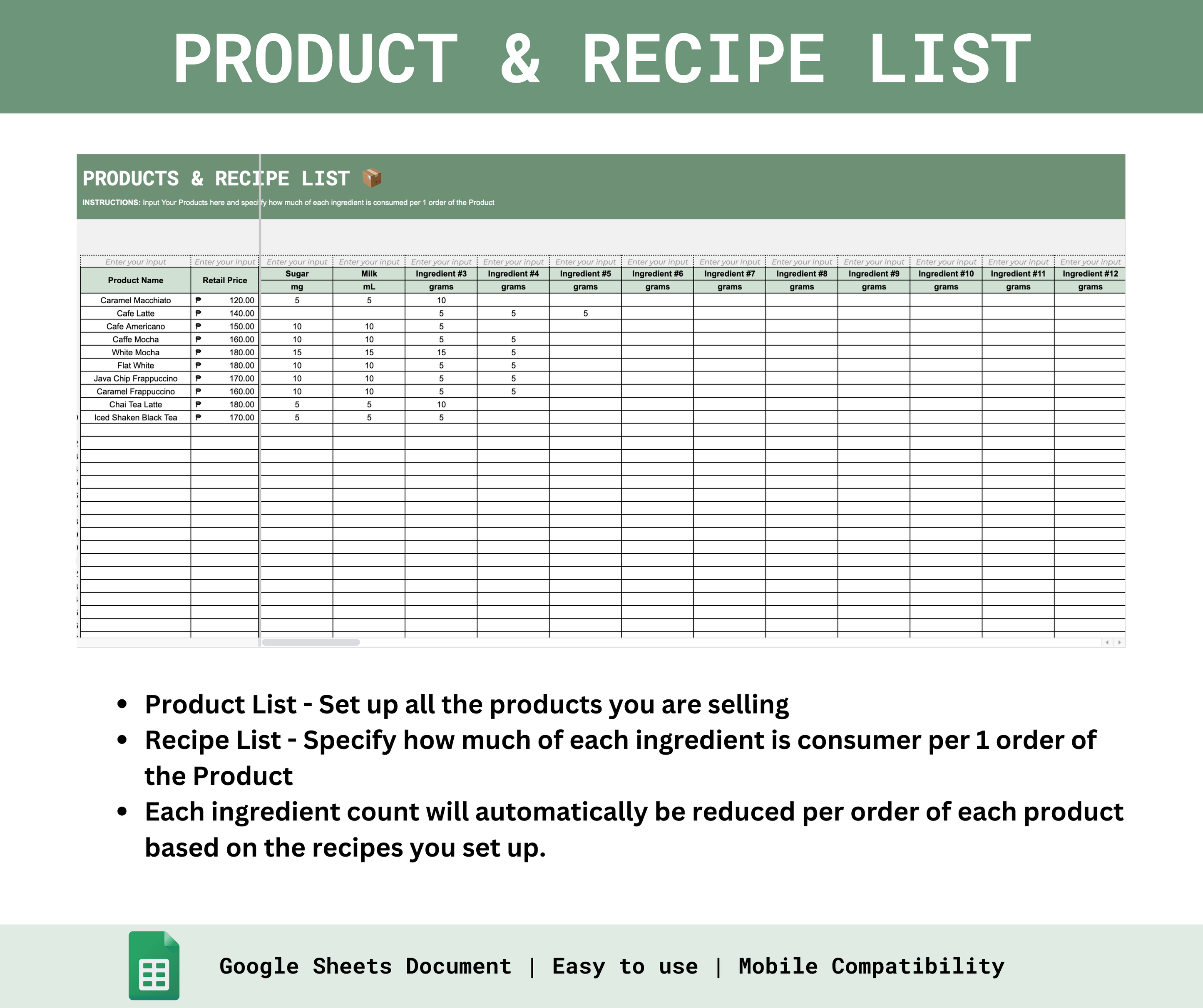 Ingredients Based Inventory Management System Spreadsheets PH