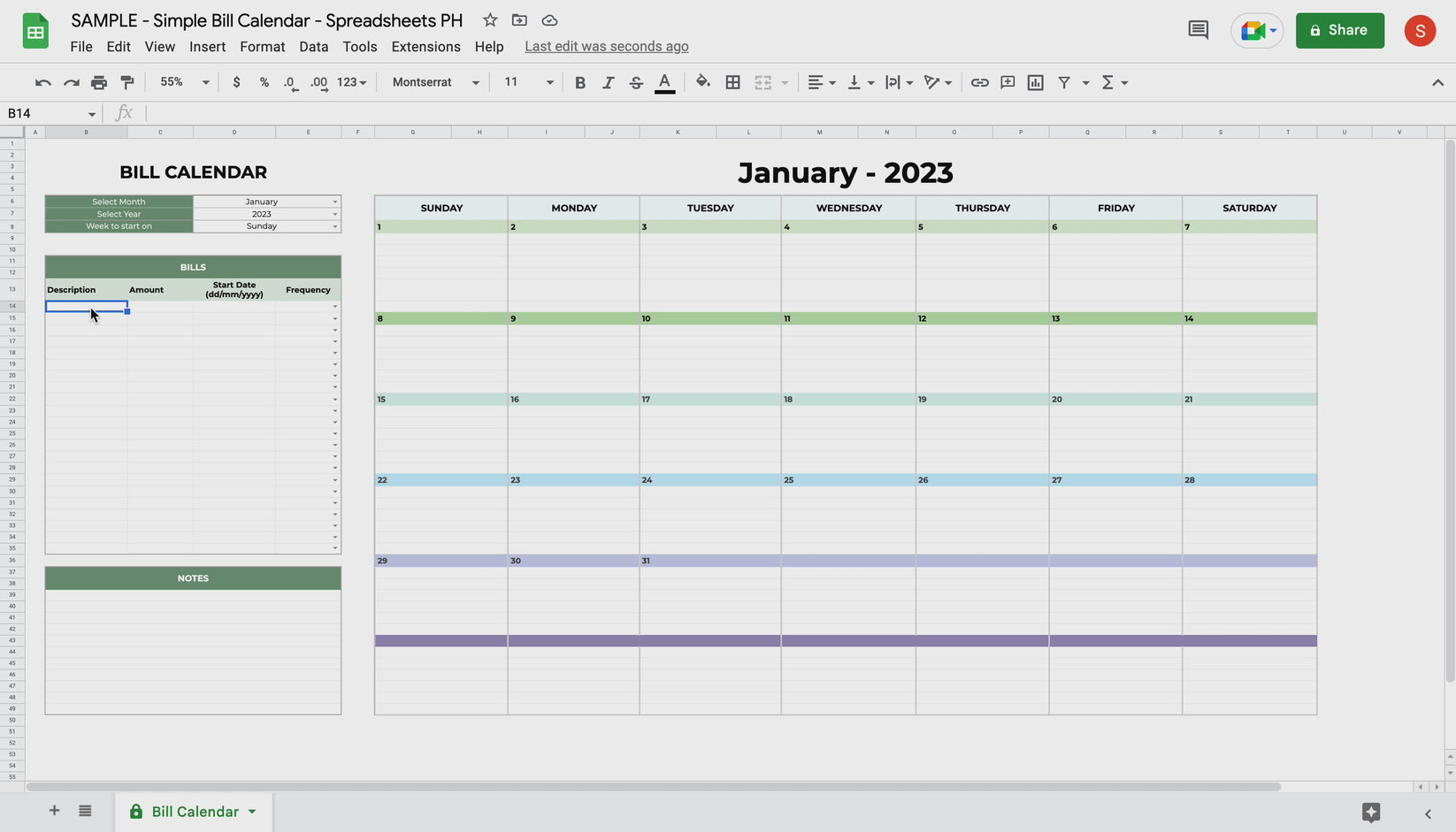 Simple bills calendar spreadsheets ph